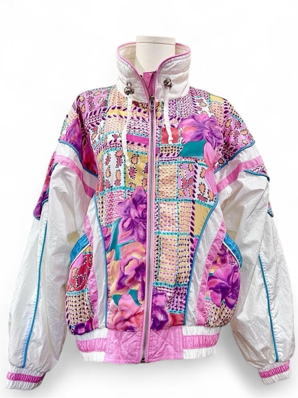 90s Pastel Patchwork Floral Nylon Windbreaker Jacket Colorblock Bomber Sz L